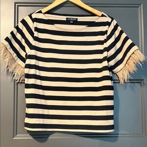 J. Crew Black and Beige Striped Fringe/Feather Sleeve Top